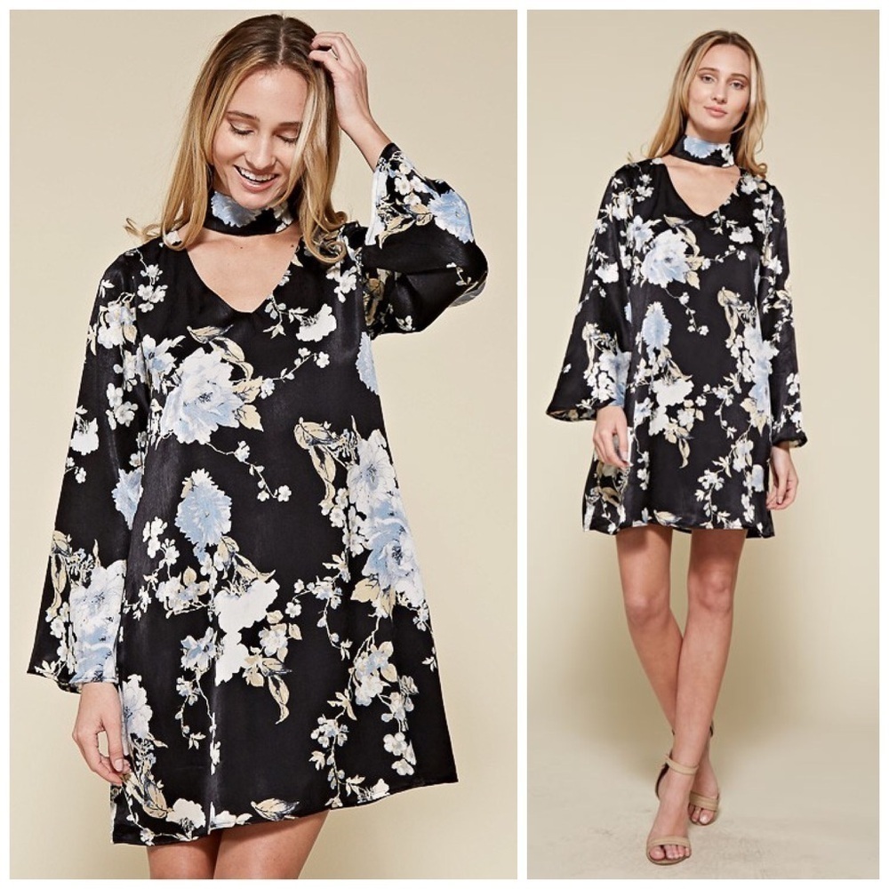 -LAST! Black and Blue Silky Floral Choker Bell Sleeve Dress!